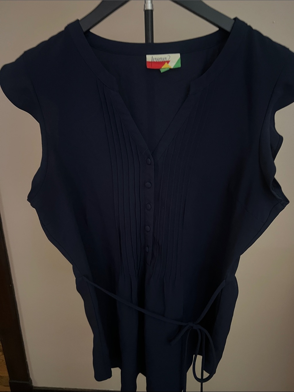 Navy Pintuck Button-Front Sleeveless Blouse